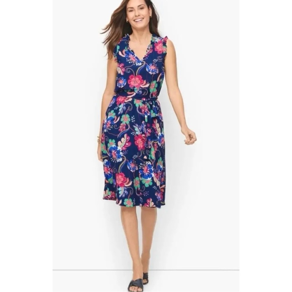 Talbots Navy Blue Floral Midi Dress Womens 14 Excellent Ruffle V-Neck Belted